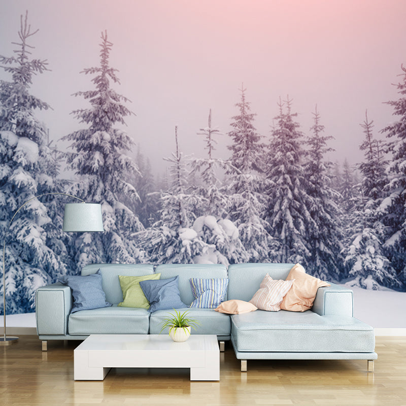 Pink Sky Snow Cypress Mural Wallpaper Washable Contemporary Bedroom Wall Art, Non-Woven