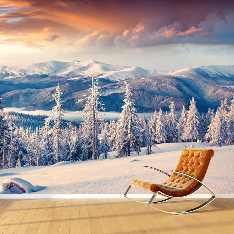 Big Modern Mural Decal White Aerial View of Cypress and Snow Mountain Wall Decor, Custom Printed