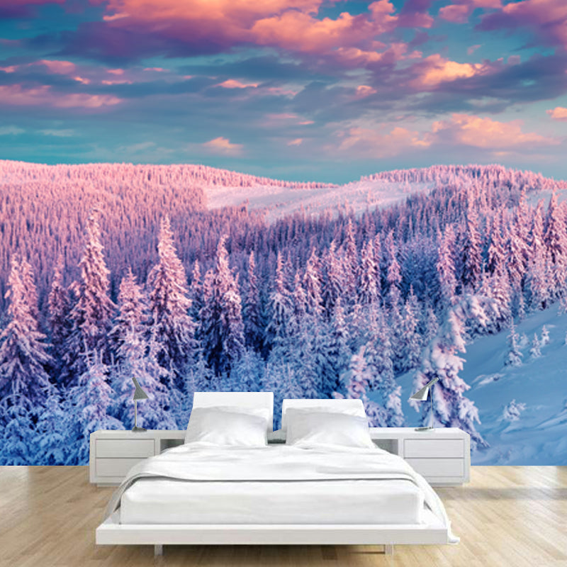 Modern Sundown Snow Landscape Mural Blue-Purple Moisture Resistant Wall Decor for Home