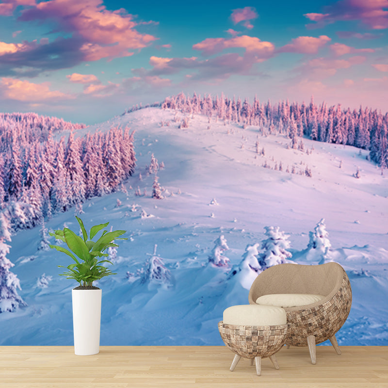 Modern Sundown Snow Landscape Mural Blue-Purple Moisture Resistant Wall Decor for Home