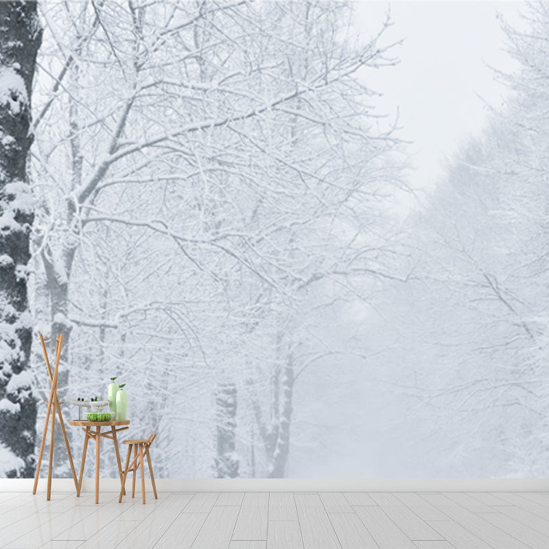 Misty Winter Roadside Forest Mural in White Modernism Wall Decoration for Bedroom