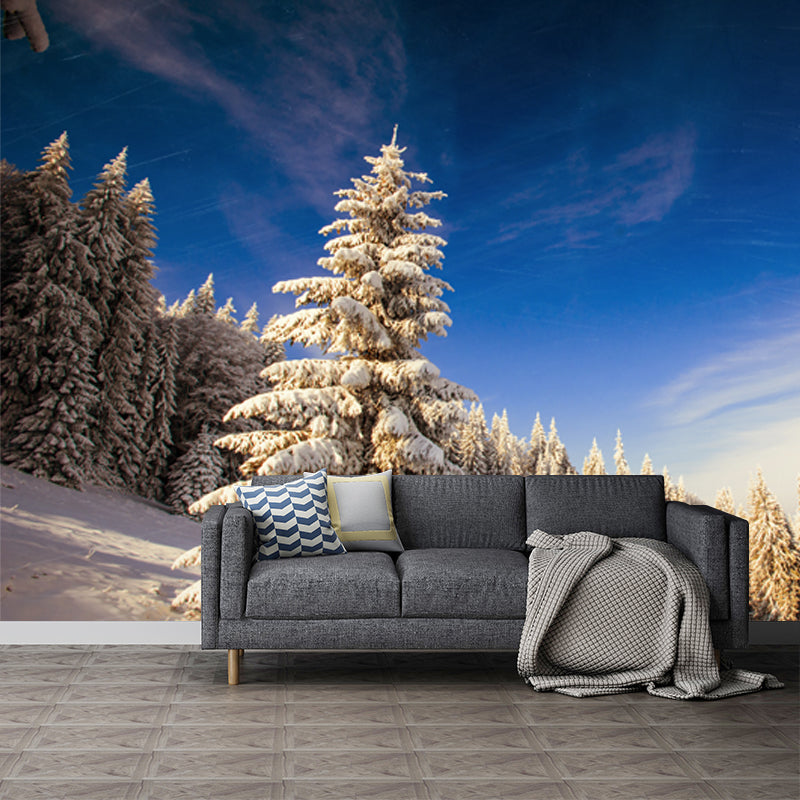 Huge Modern Mural Blue-White Snow Cypress Mountain with Clean Sky Wall Covering, Custom Made