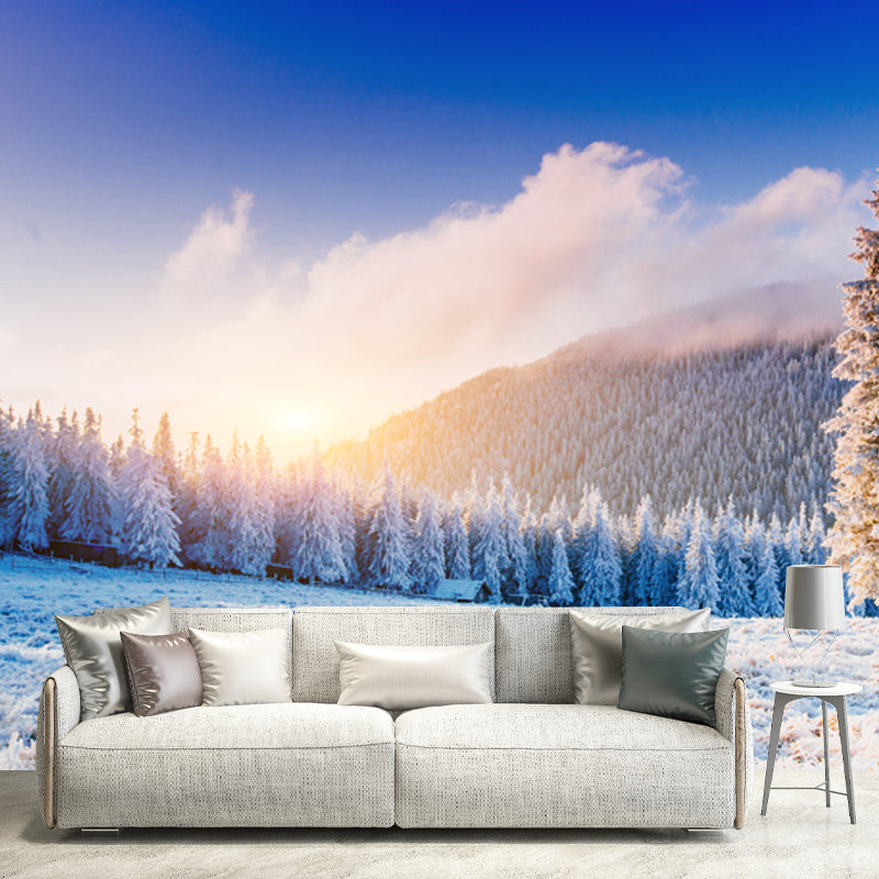 Blue Snow Mountain Sunrise Mural Stain-Proof Wall Art for Home Gallery, Made to Measure