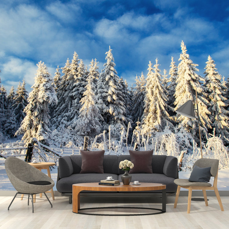 Modern Snow Cypress Mural Wallpaper Blue Cloudy Sky Wall Decoration for Corridor