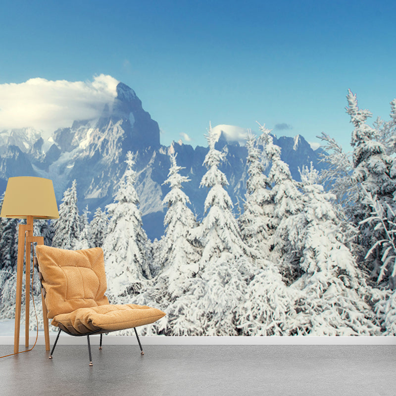 Winter Snow Cypress Scenery Mural Modern Non-Woven Fabric Wall Covering in White