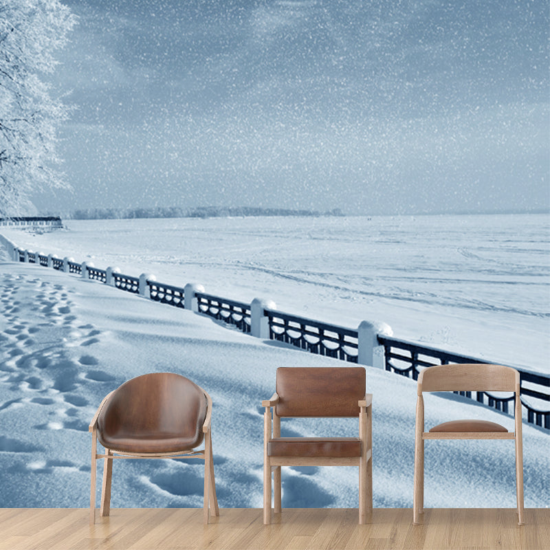 Washable Winter Frozen Lake Scene Mural Modern Non-Woven Cloth Wall Decor, Custom Made