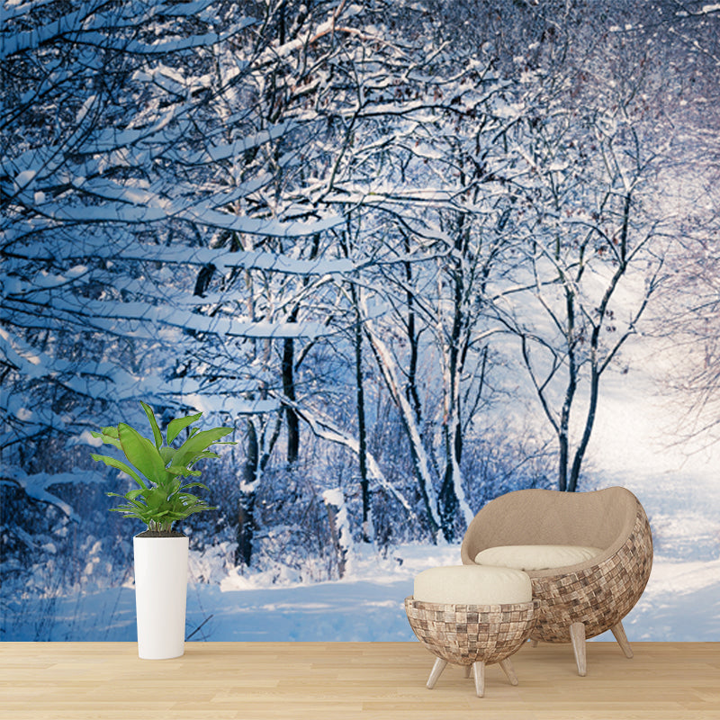 Grey Snowy Bare Trees Mural Wallpaper Water-Proof Modernist Bedroom Wall Covering