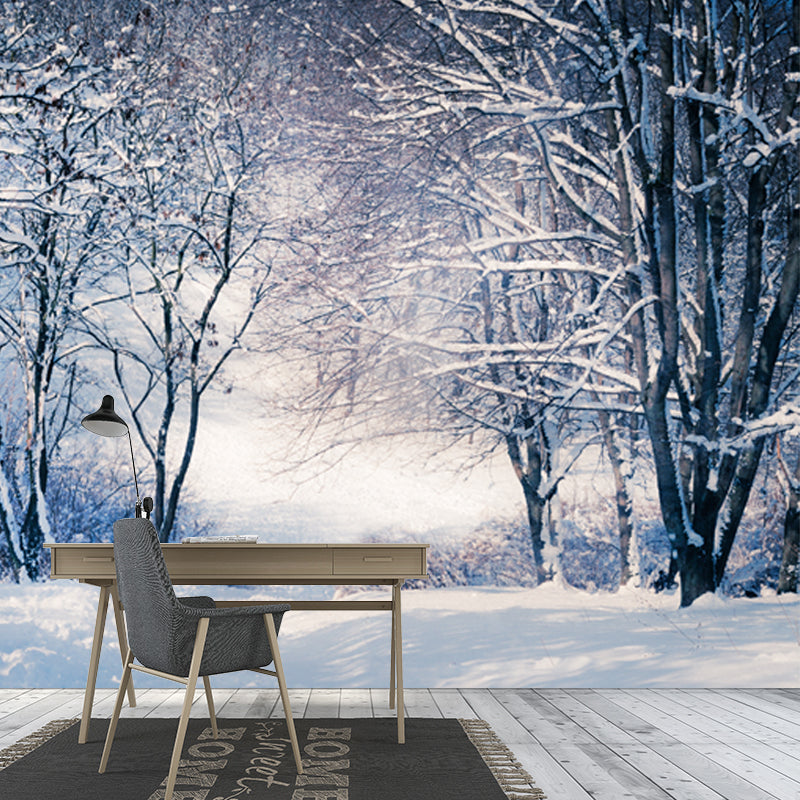 Grey Snowy Bare Trees Mural Wallpaper Water-Proof Modernist Bedroom Wall Covering