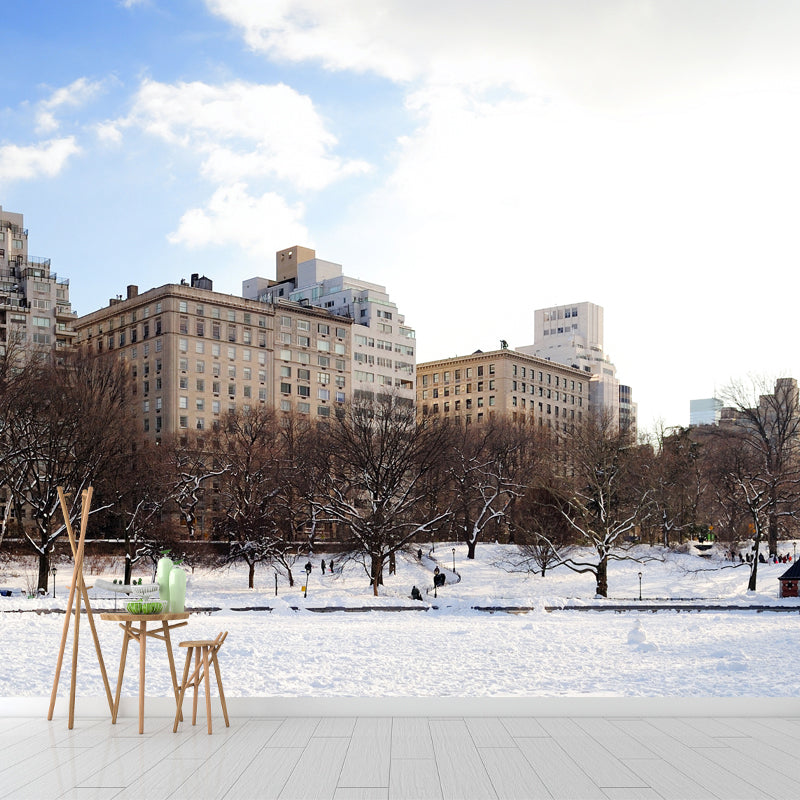 Snowy City Street View Mural Wallpaper Brown Modern Style Wall Decor for Living Room