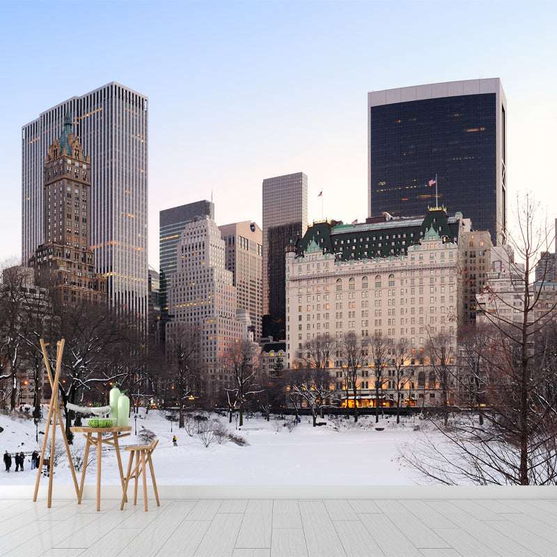 Modern Winter Cityscape Wallpaper Mural Non-Woven Washable Brown Wall Decor for Home