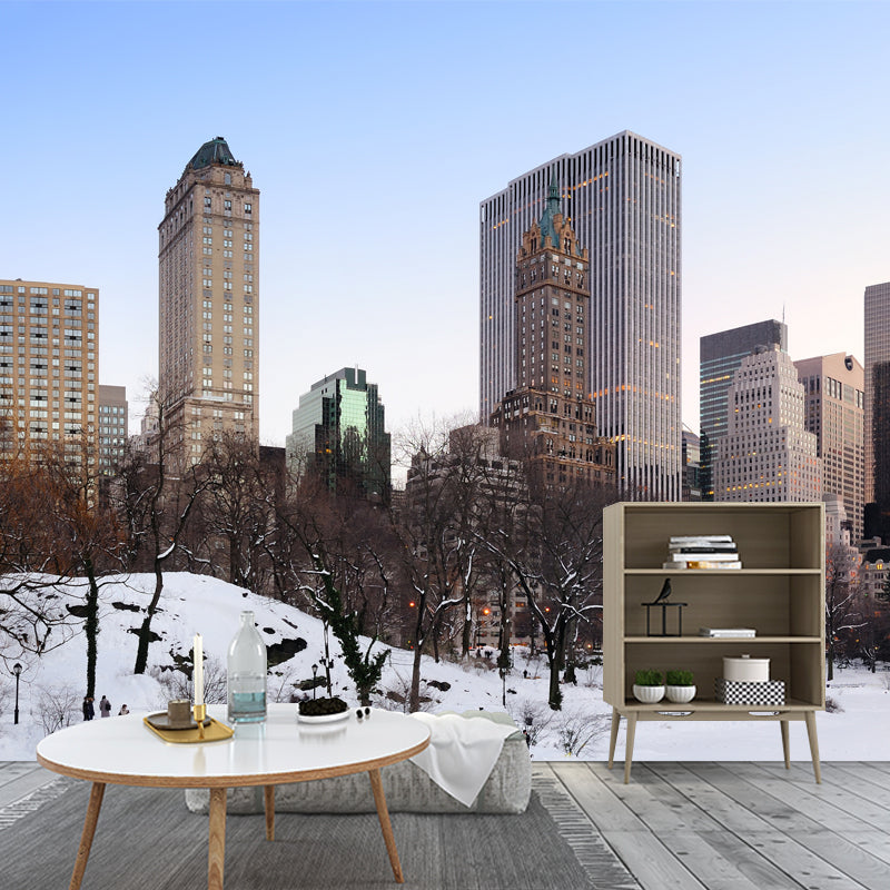Modern Winter Cityscape Wallpaper Mural Non-Woven Washable Brown Wall Decor for Home