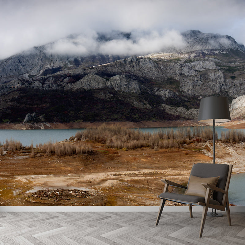 Huge Late Autumn Landscape Mural Stain-Proof Modern Living Room Wall Covering in Brown