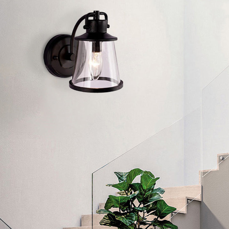 Clear Glass Black Sconce Light Cone 1-Light Vintage Wall Lamp Fixture with Curved Arm