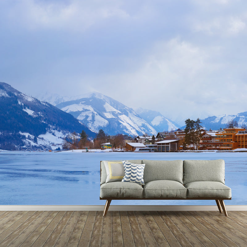 Village Frozen River Scenery Mural Blue Contemporary Wall Covering for Living Room