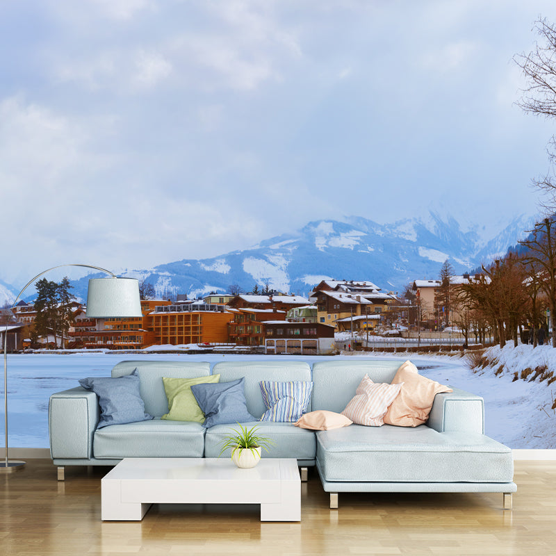 Village Frozen River Scenery Mural Blue Contemporary Wall Covering for Living Room