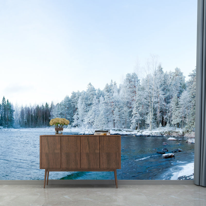 Whole Early Snow Wallpaper Mural Modern River and Forest Scene Wall Decor in Green