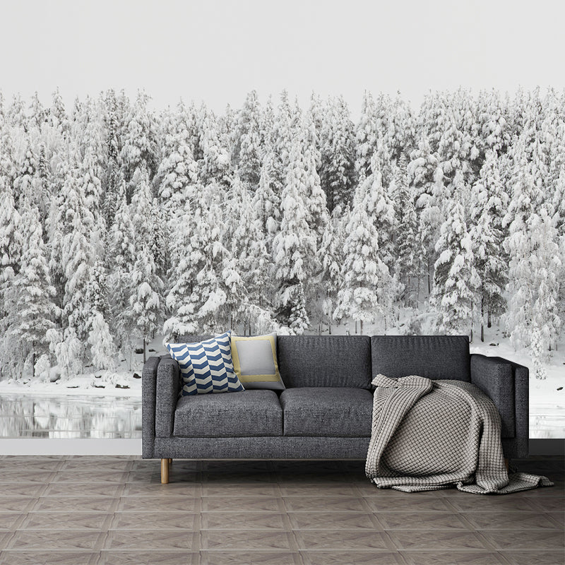 Modern Riverside Snowy Forest Mural Above Bed Personalized Size Wall Art in Grey