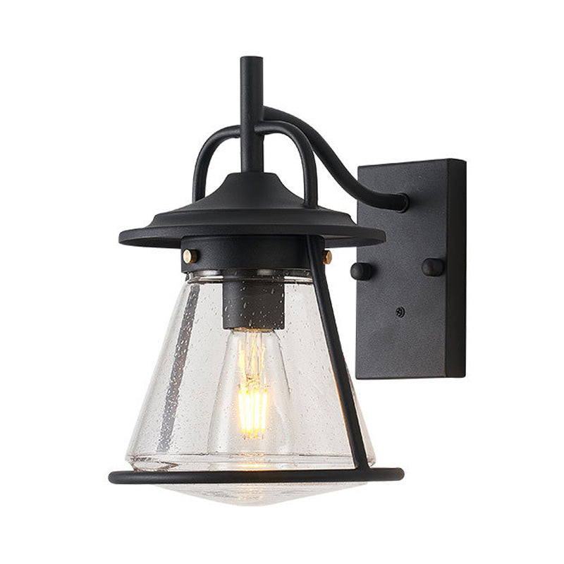 1 Light Clear Seeded Glass Wall Sconce Light Industrial Black Cone Shade Outdoor Lighting Fixture
