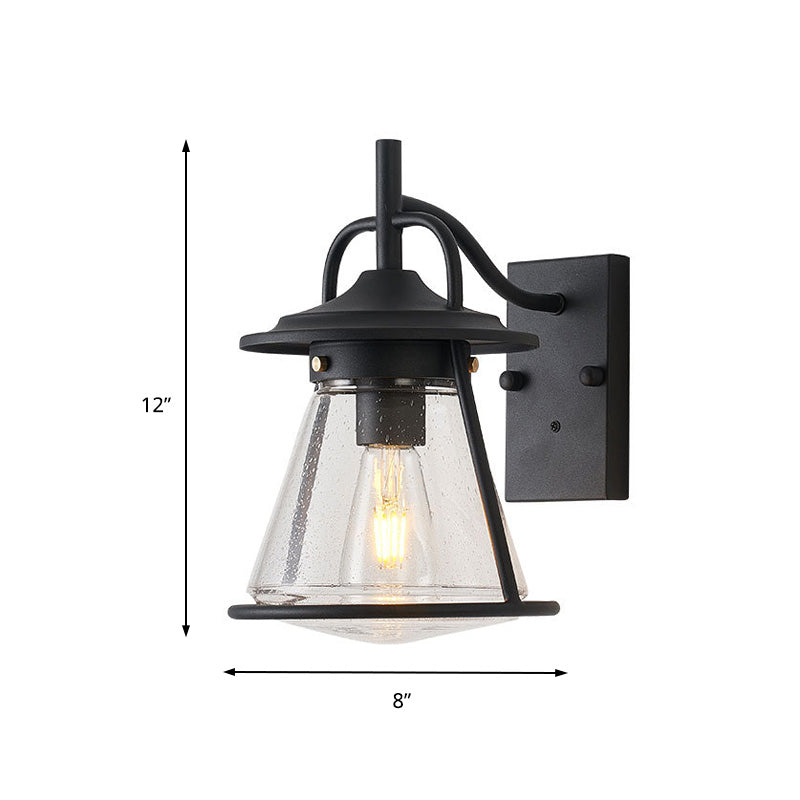 1 Light Clear Seeded Glass Wall Sconce Light Industrial Black Cone Shade Outdoor Lighting Fixture