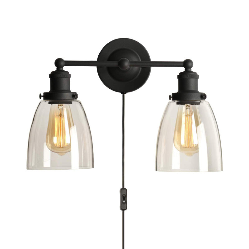 2-Light Tapered Sconce Light Industrial Black Clear Glass Wall Lamp with Plug-in Cord for Kitchen