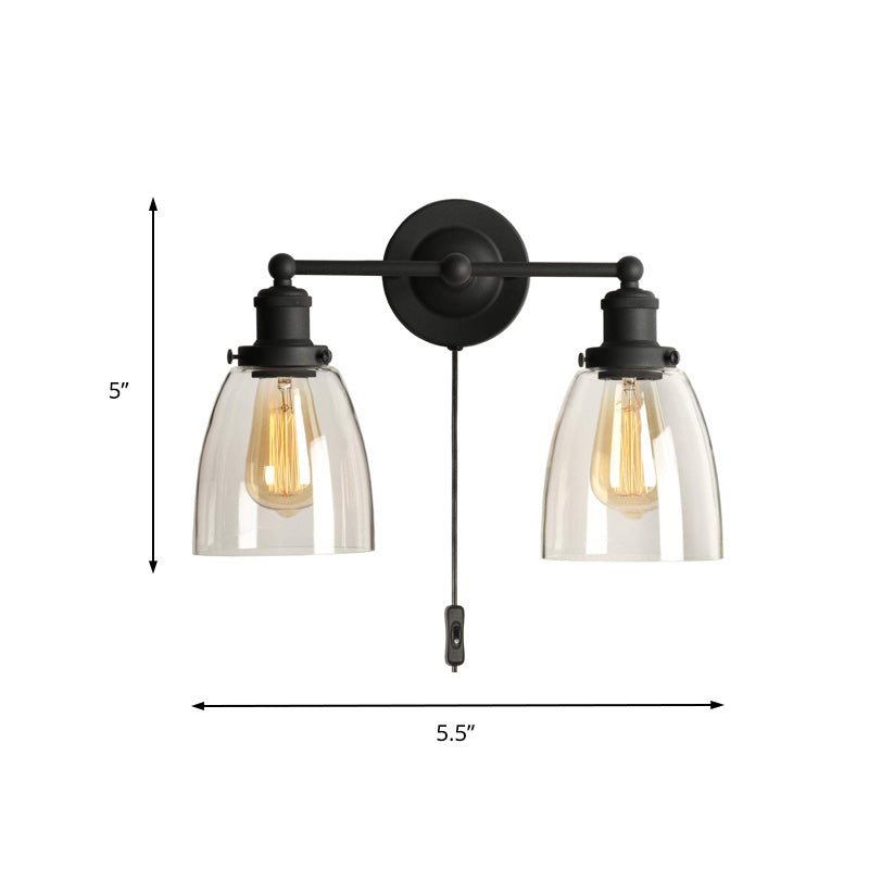 2-Light Tapered Sconce Light Industrial Black Clear Glass Wall Lamp with Plug-in Cord for Kitchen