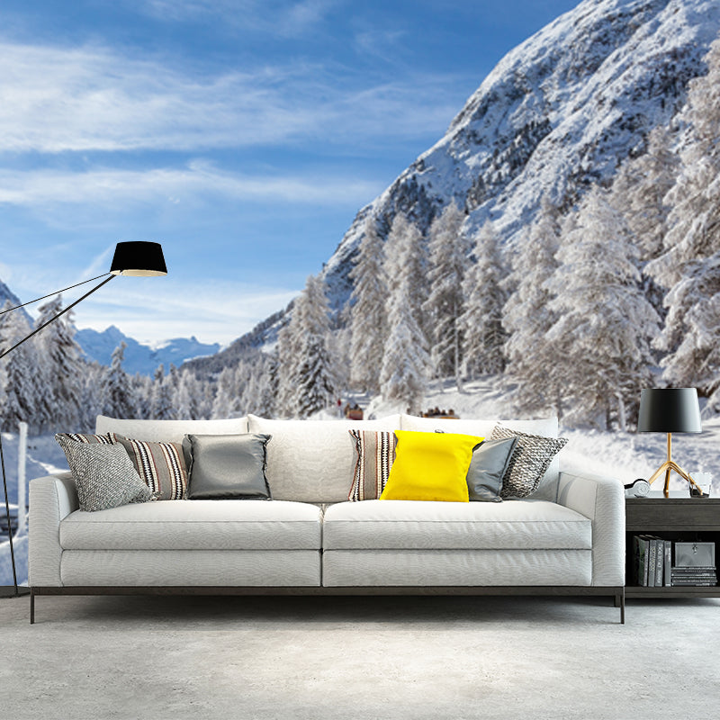 Big Winter Scenery Mural Modern Enchanting Snowy Road Across Mountain Wall Art in White