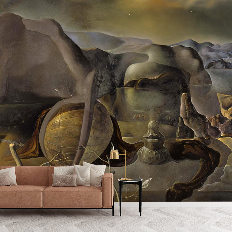 Surrealism the Endless Enigma Mural Non-Woven Waterproof Yellow Wall Covering for Bedroom