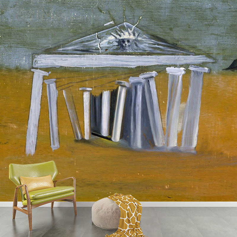 Surreal Art Temple Wall Mural Yellow Moisture Resistant Wall Covering for Living Room