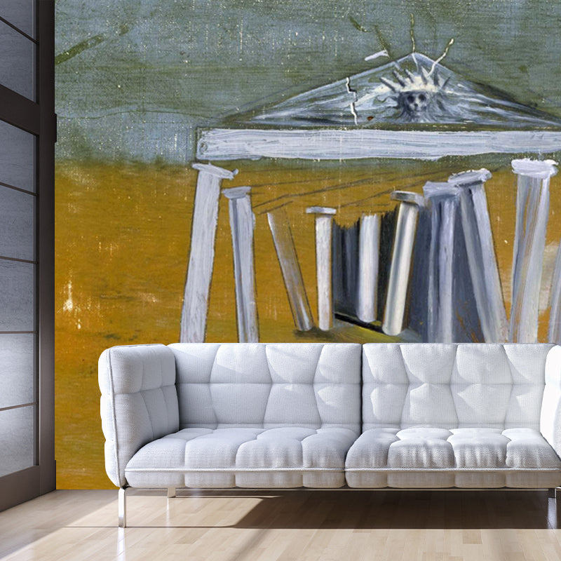 Surreal Art Temple Wall Mural Yellow Moisture Resistant Wall Covering for Living Room
