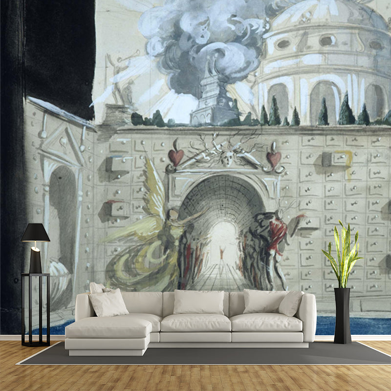 Salvador Dali Artwork Castle Mural Surrealism Non-Woven Fabric Wall Covering in Grey