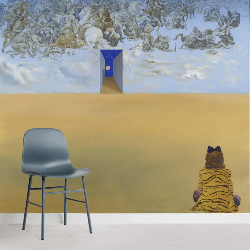 Battle in the Clouds Mural Yellow Surrealism Wall Covering for Accent Wall, Made to Measure