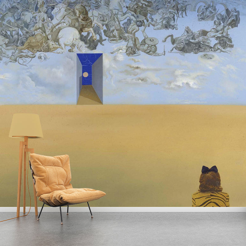 Battle in the Clouds Mural Yellow Surrealism Wall Covering for Accent Wall, Made to Measure