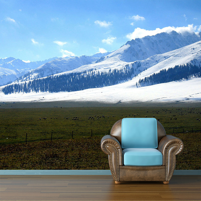 Full Size Modern Mural Blue Animal Farm by the Snow Mountain Wall Decor, Custom Printed