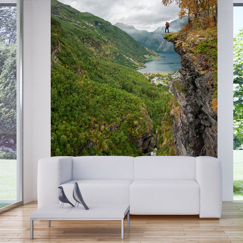 Modern Man on Cliff Mural Green Mountain Landscape Wall Art for Bedroom, Custom Print