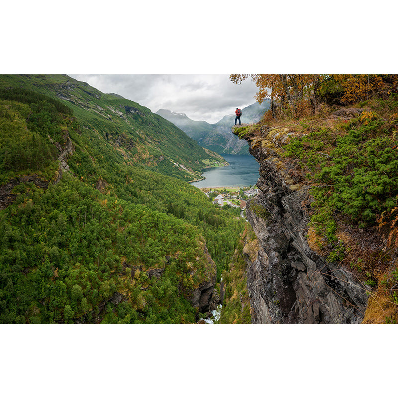 Modern Man on Cliff Mural Green Mountain Landscape Wall Art for Bedroom, Custom Print