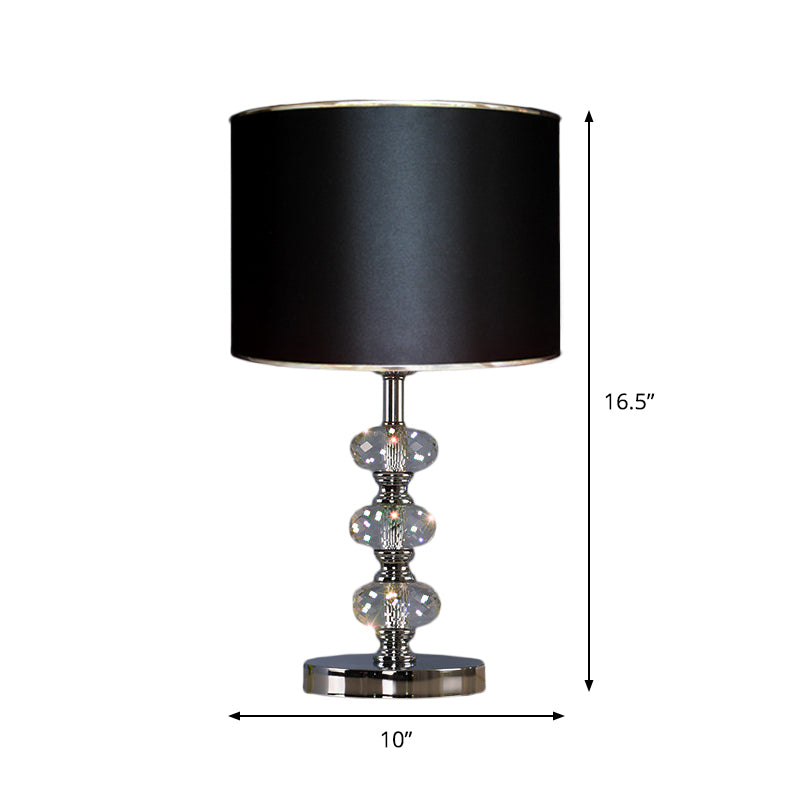 Traditional Barrel Nightstand Lighting 1-Light Fabric Reading Lamp in Black/Silver/Gold with Crystal Column