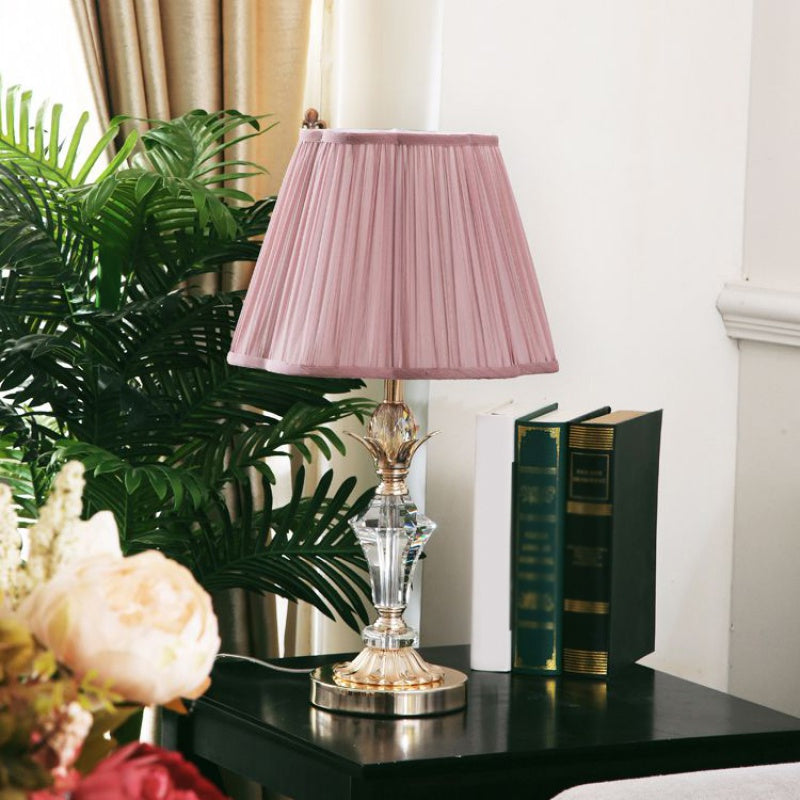 Candlestick slaapkamer bureau licht klassiek helder kristal 1-head roze nachtkastje lamp met geschulpte/taps toelopende schaduw