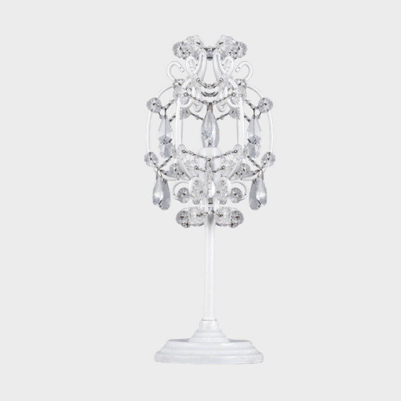 Lámpara de mesa de linterna de estilo retro de metal de 1 luz iluminación de mesita de noche en blanco/oro con gotas de cristal transparentes