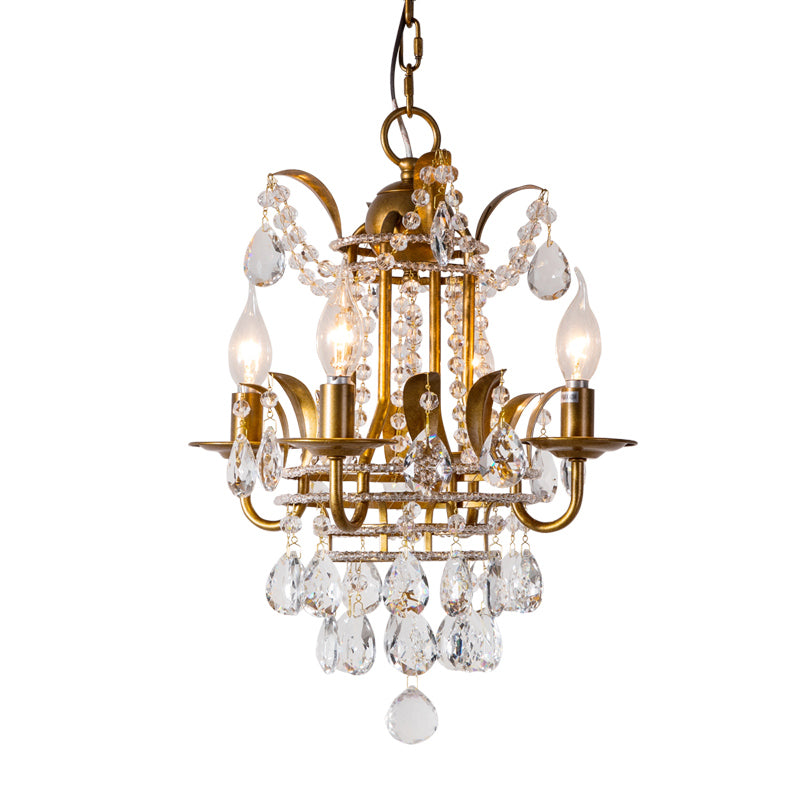 4 lichten lantaarn kroonluchter verlichting klassieke metalen plafond hanger in goud met afgeschuinde kristaldruppel