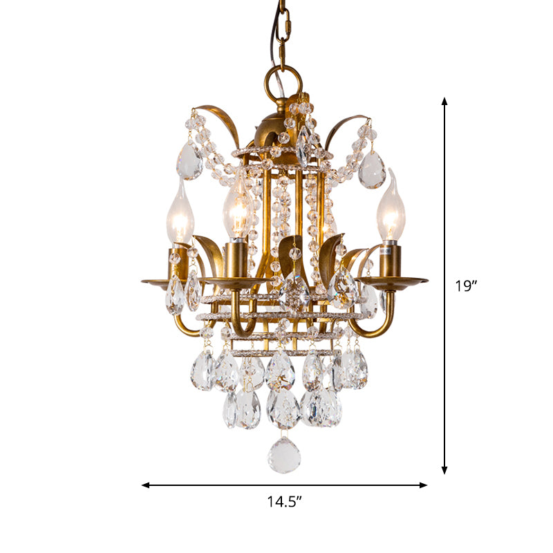 4 lichten lantaarn kroonluchter verlichting klassieke metalen plafond hanger in goud met afgeschuinde kristaldruppel