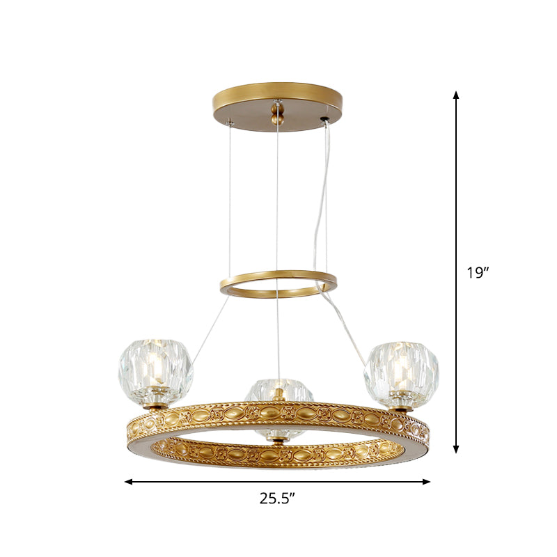 Funzioni di illuminazione sospesa Globe Parlour moderni prismi in oro a 3 teste con design ad anello