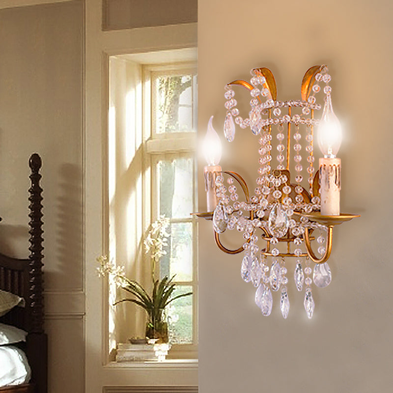 Candle Corridor Wall Lighting Vintage Metallic 2 Heads Gold Wall Mount Lamp with Crystal Accents