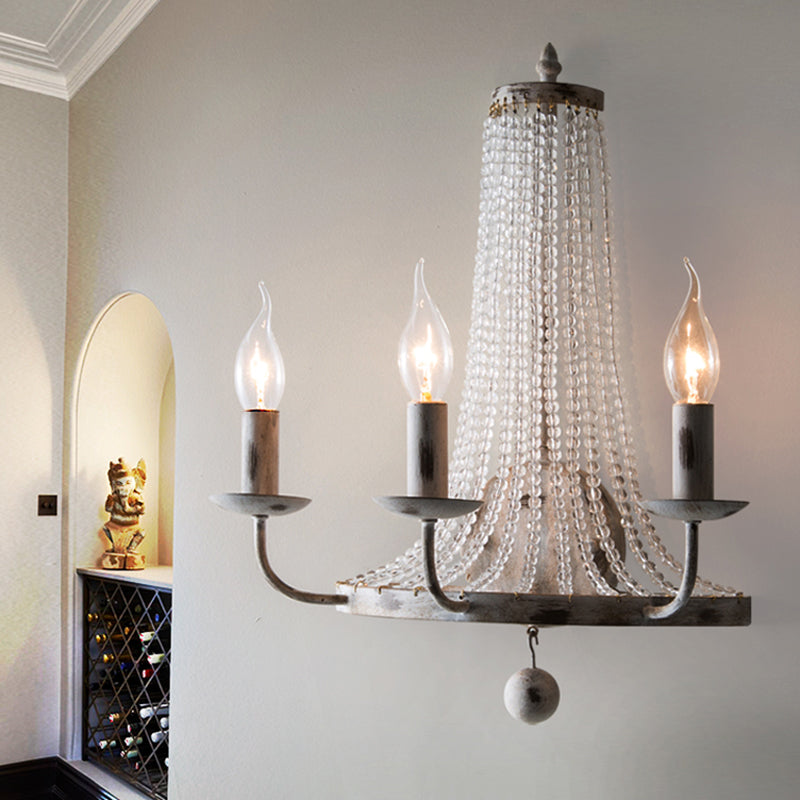 Distressed White 3 Heads Wall Sconce Classic Metal Candle Wall Mounted Light Fixture with Glass Strands