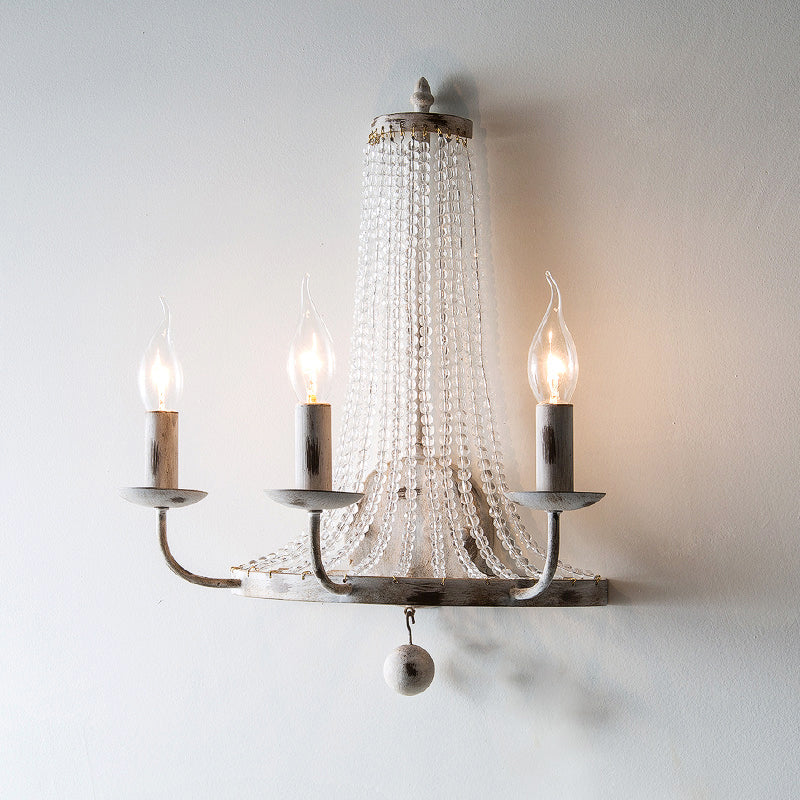 Distressed White 3 Heads Wall Sconce Classic Metal Candle Wall Mounted Light Fixture with Glass Strands