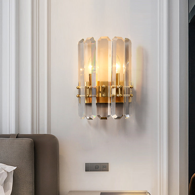 Half-Cylinder Wall Mount Lamp Modern Rectangle-Cut Crystal 2 Lights Hallway Flush Wall Sconce in Gold
