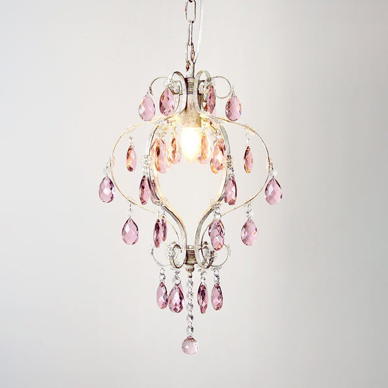 Lantern Ceiling Pendant Light Classic Metal 1-Head Suspension Lamp in Distressed White with Crystal Accents