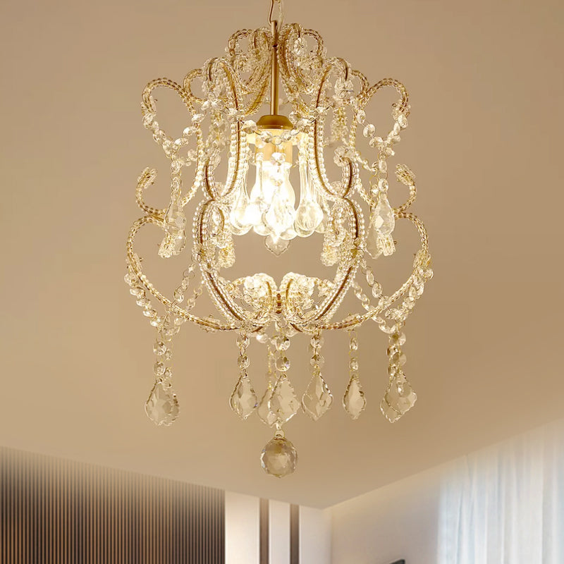 1-Head Lantern Down Lighting Contemporary Beveled Crystal Suspension Light in Champagne/Coffee with Curvy Arm