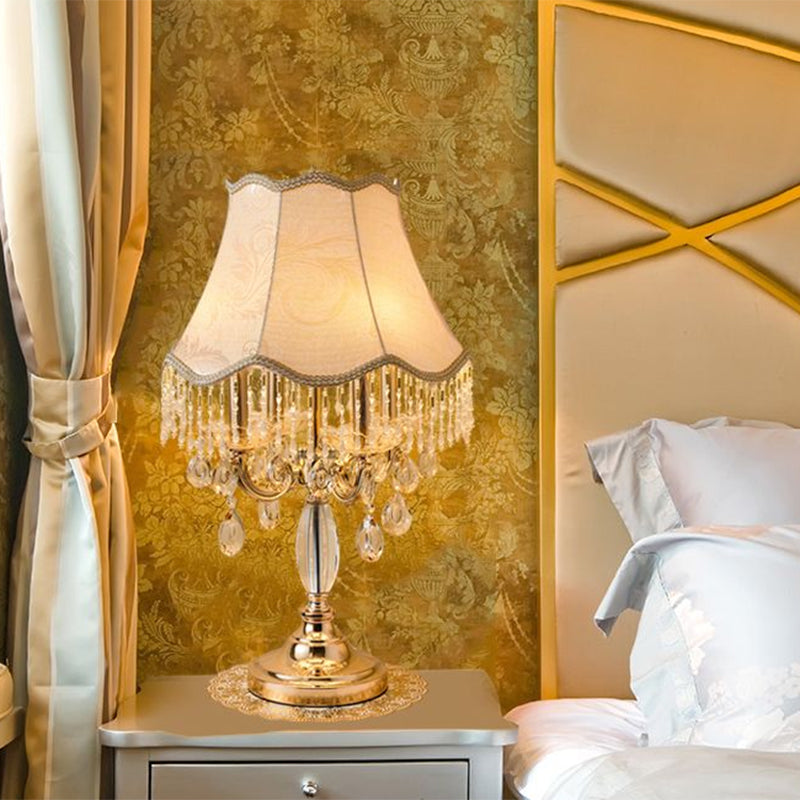 1 Bulb Night Lighting Traditional Flared Fabric Shade Table Light in Gold with Clear Crystal Draping