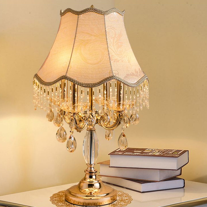 1 Bulb Night Lighting Traditional Flared Fabric Shade Table Light in Gold with Clear Crystal Draping