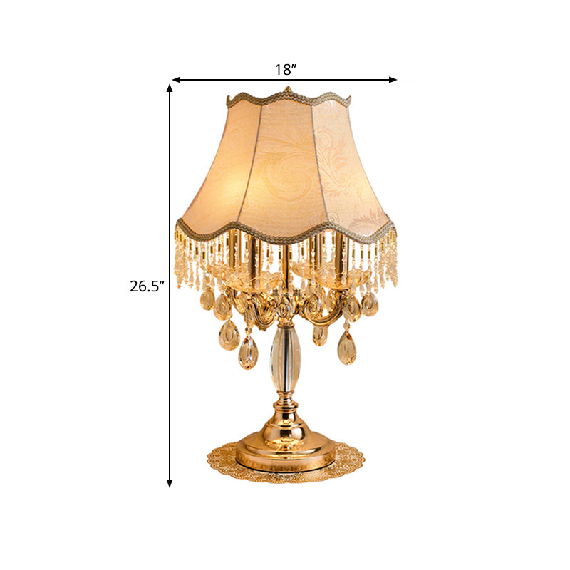 1 Bulb Night Lighting Traditional Flared Fabric Shade Table Light in Gold with Clear Crystal Draping